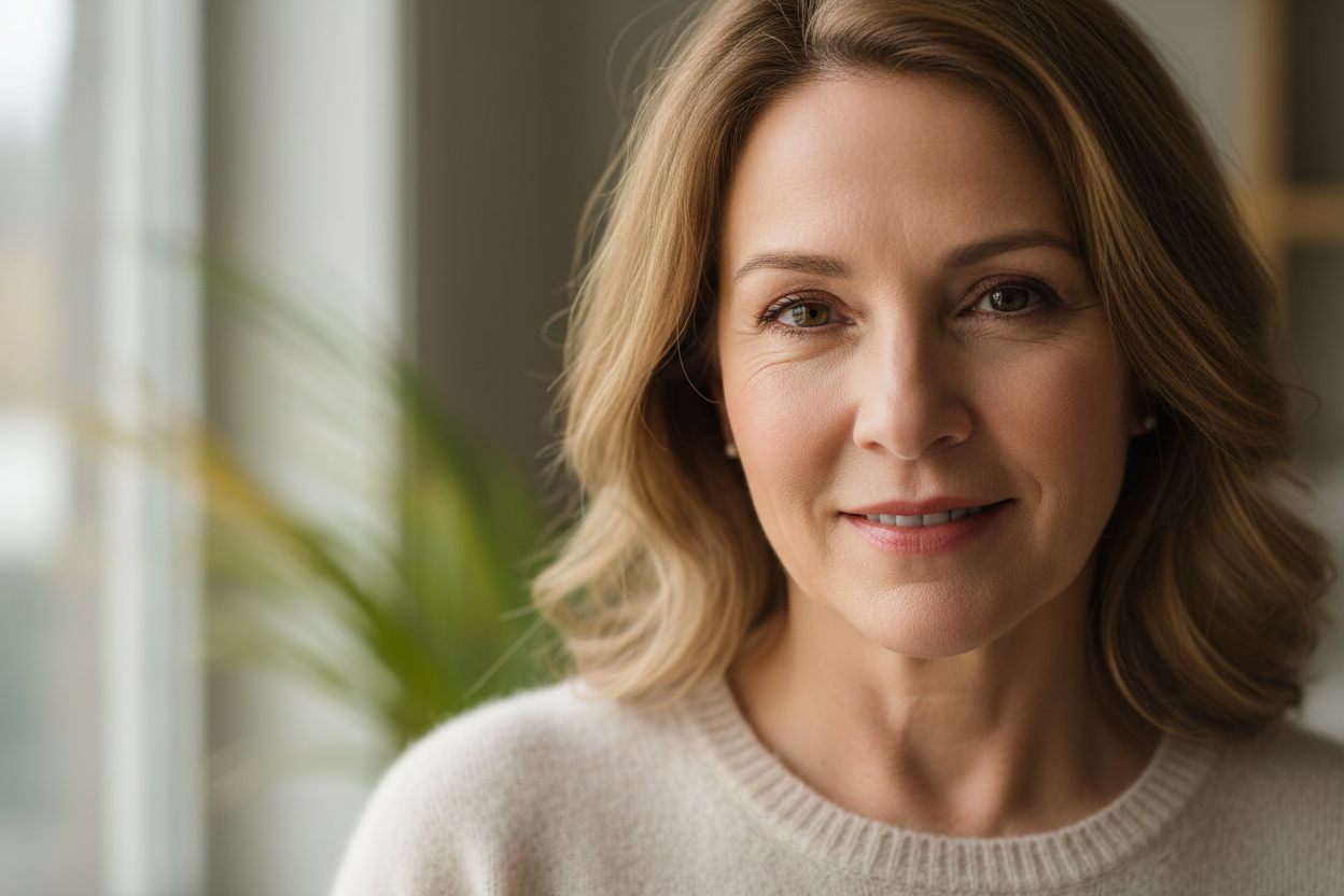 pic of middle aged woman looking at camera zoomed up to her upper body face neck