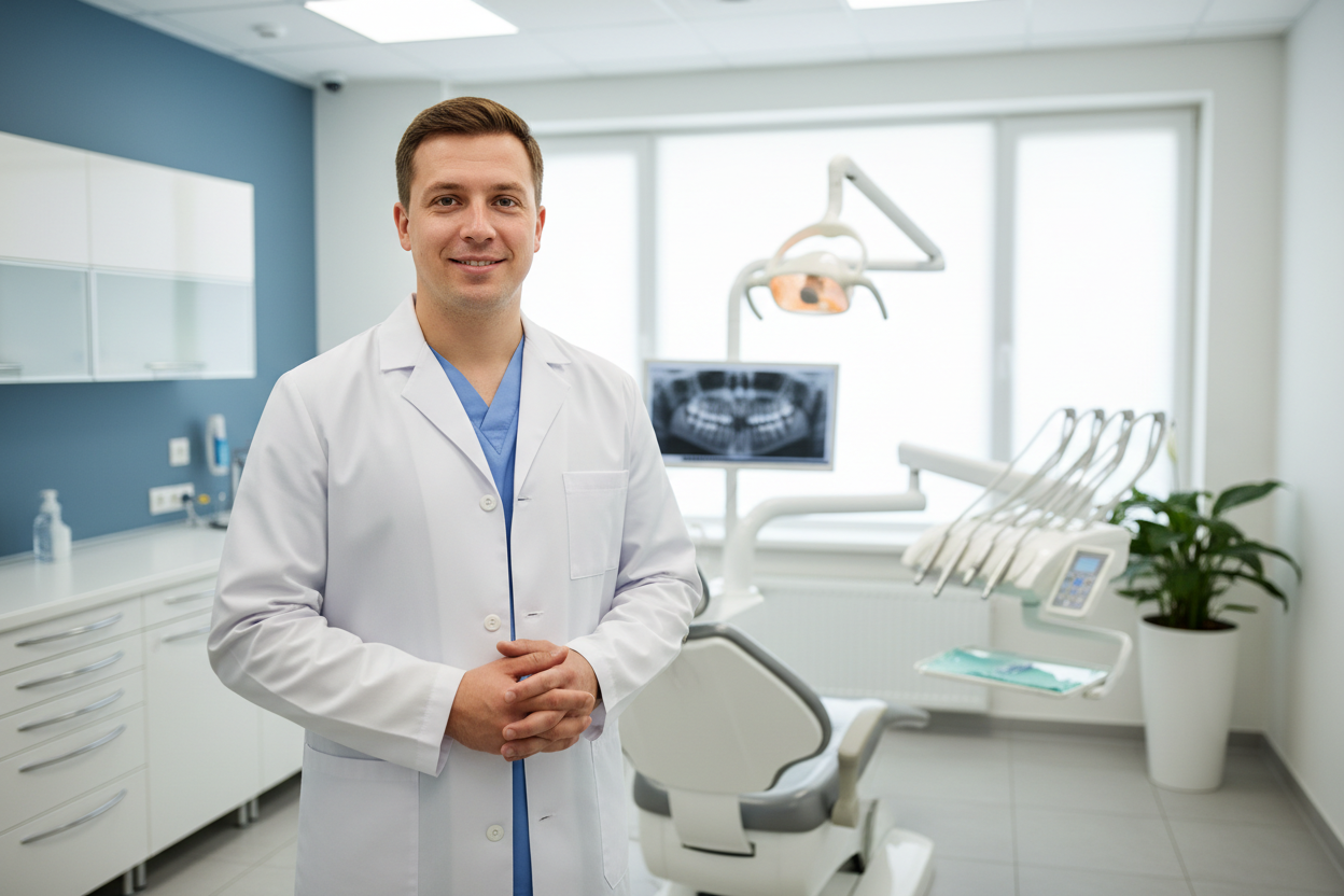 white male dentist looking at camera